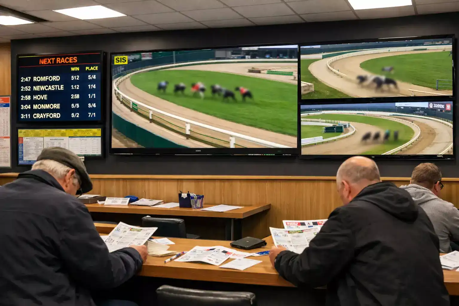 Betting shop interior showing greyhound racing broadcast from a BAGS afternoon meeting on multiple screens