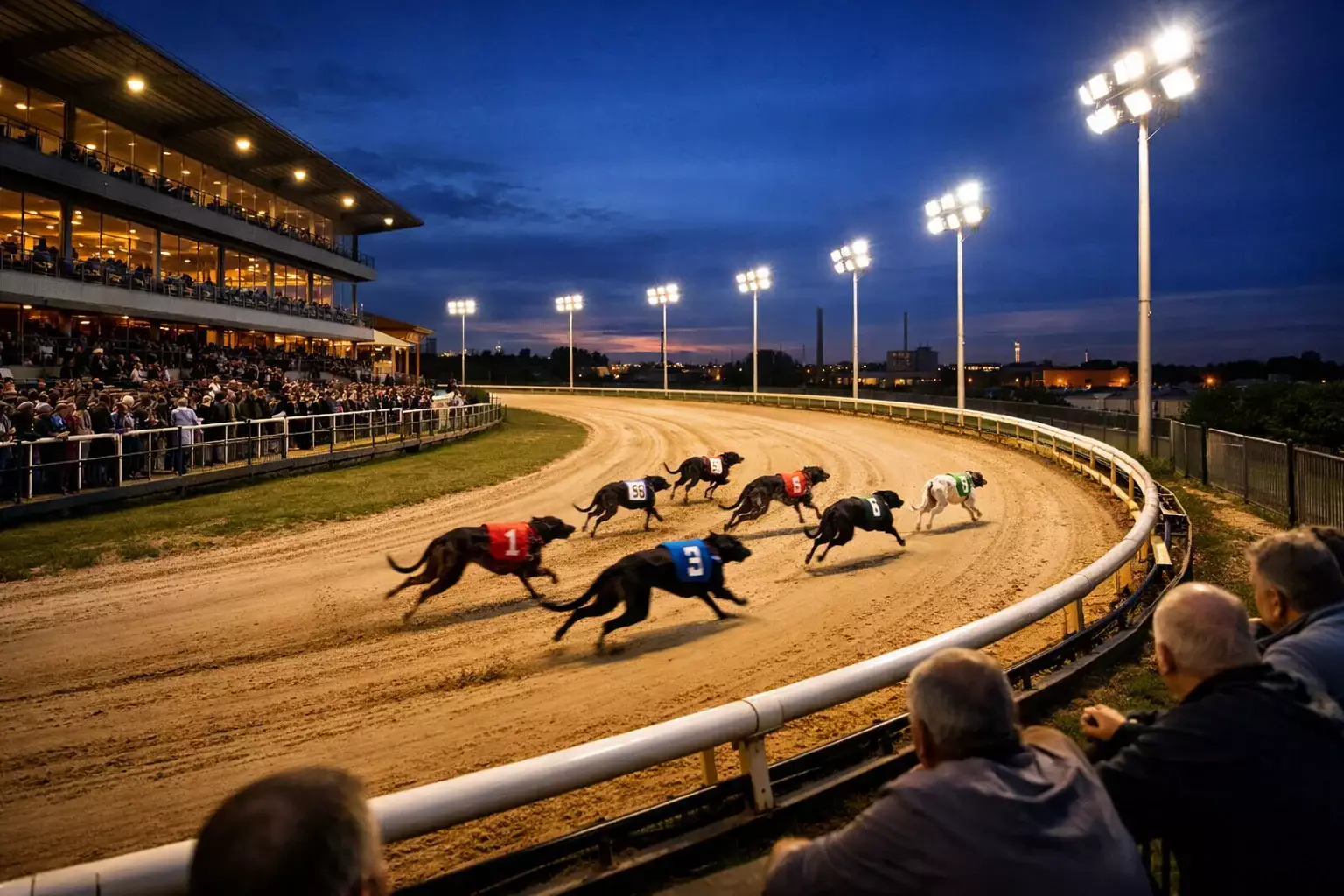 Monmore Green Stadium under floodlights during an evening greyhound race meeting in Wolverhampton